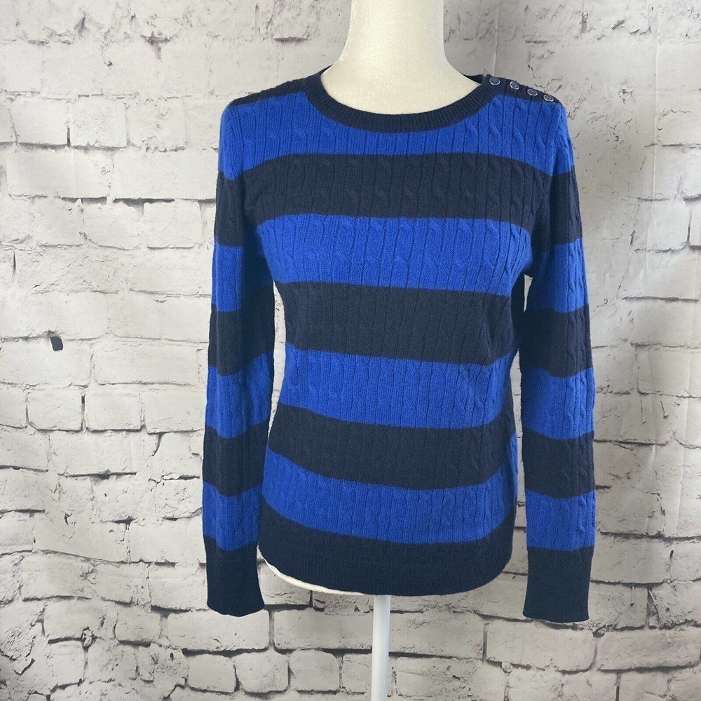 Talbots sweater Womens medium lambswool blue strip Crew Cable knit Button Detail